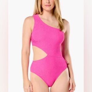 Michal Kors One-Shoulder Cut Out Ribbed One Piece Pink Swimsuit- Size 10